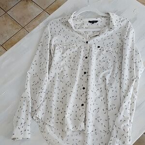 White Button-Up Shirt with Black Pattern